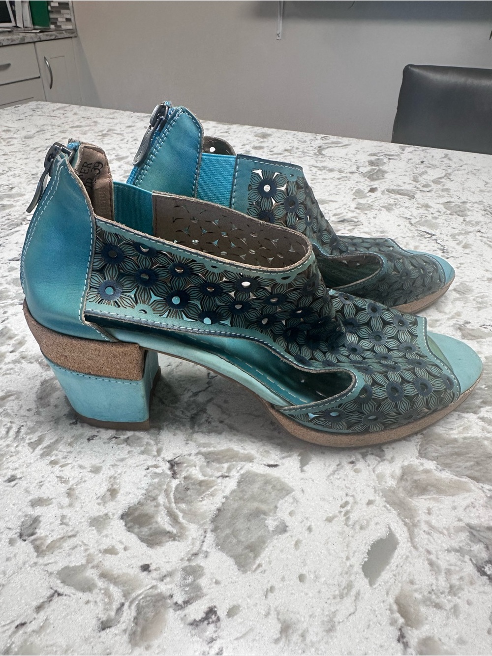 L'ATISTE Teal Floral Laser-Cut Block Heel Sandals